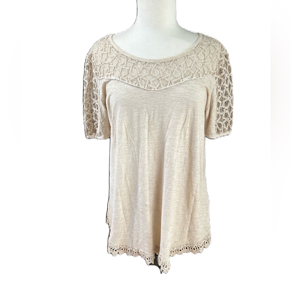 Elena Baldi Top Womens Large Beige Lace Crochet poetic Fringe Neutral Minimalist